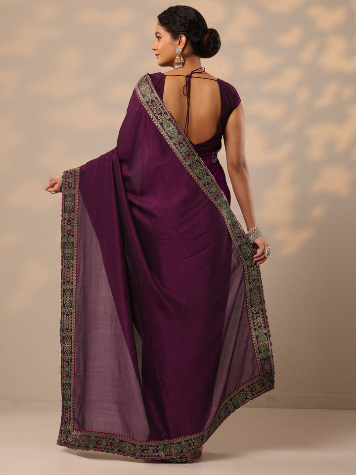 Wine Solid Silk Blend Saree With Unstitched Blouse Piece