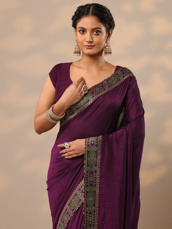 Wine Solid Silk Blend Saree With Unstitched Blouse Piece