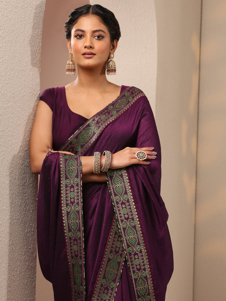 Wine Solid Silk Blend Saree With Unstitched Blouse Piece