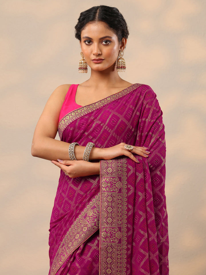 Magenta Bandhani Printed Georgette Saree With Unstitched Blouse Piece