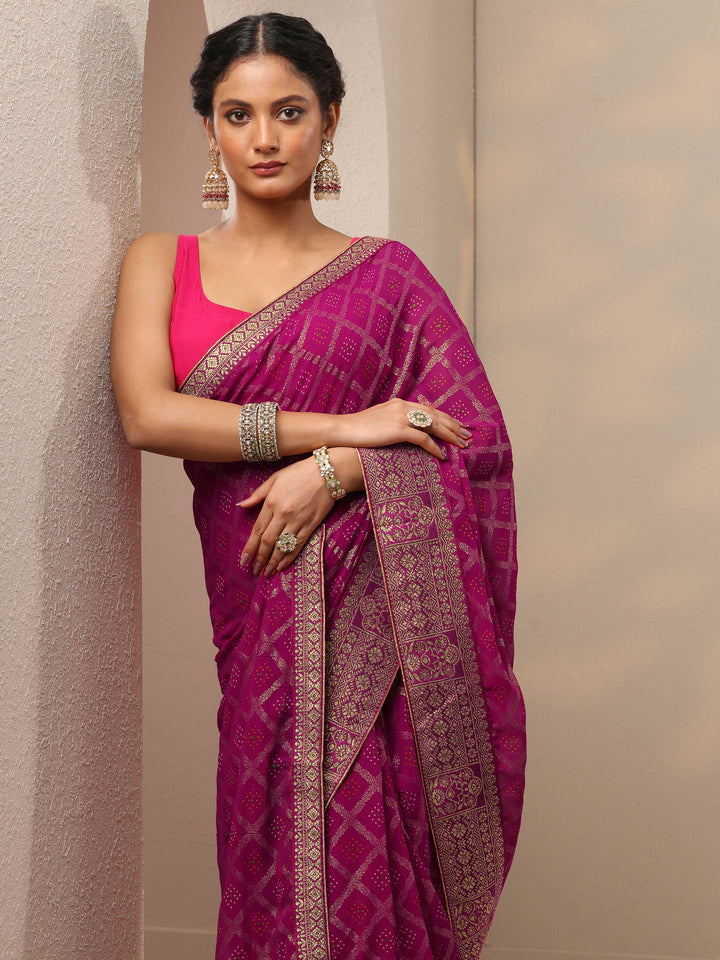 Magenta Bandhani Printed Georgette Saree With Unstitched Blouse Piece