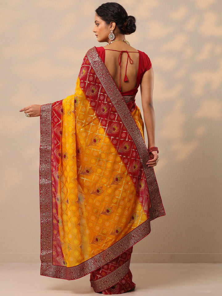 Yellow Bandhani Printed Georgette Saree With Unstitched Blouse Piece