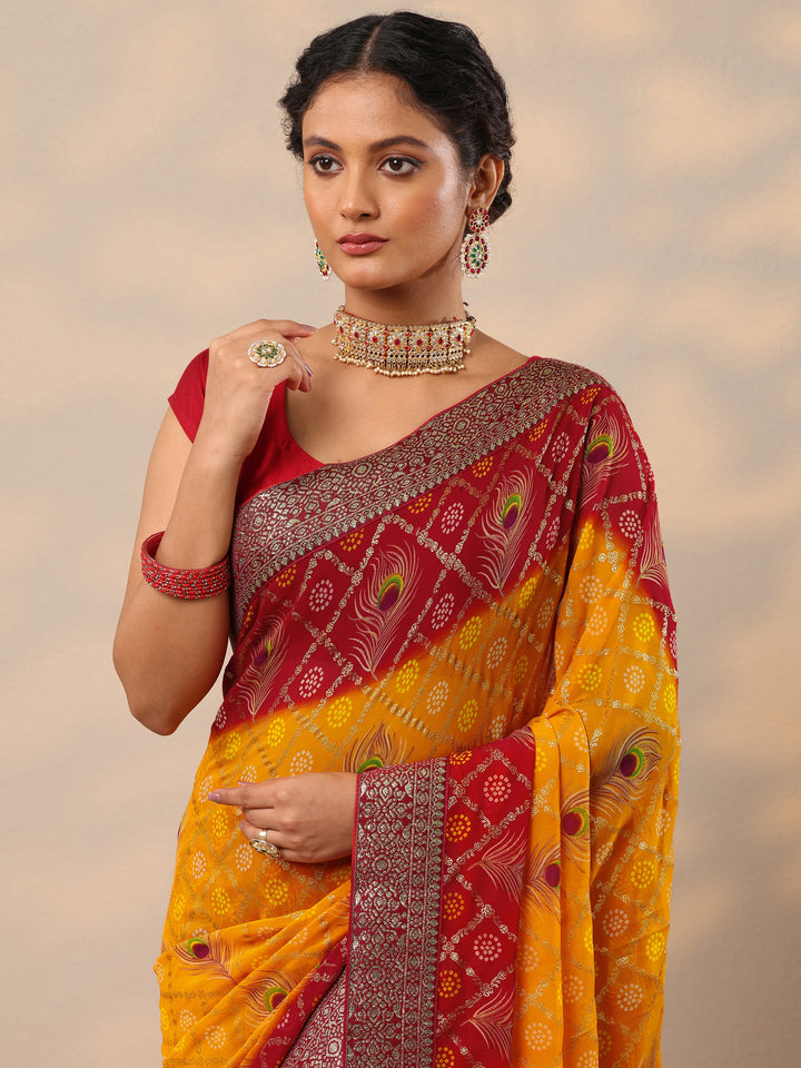 Yellow Bandhani Printed Georgette Saree With Unstitched Blouse Piece