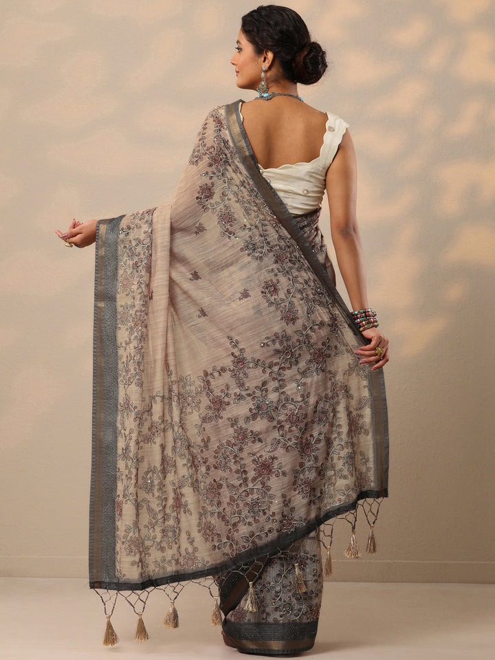 Beige Printed Cotton Blend Saree With Unstitched Blouse Piece