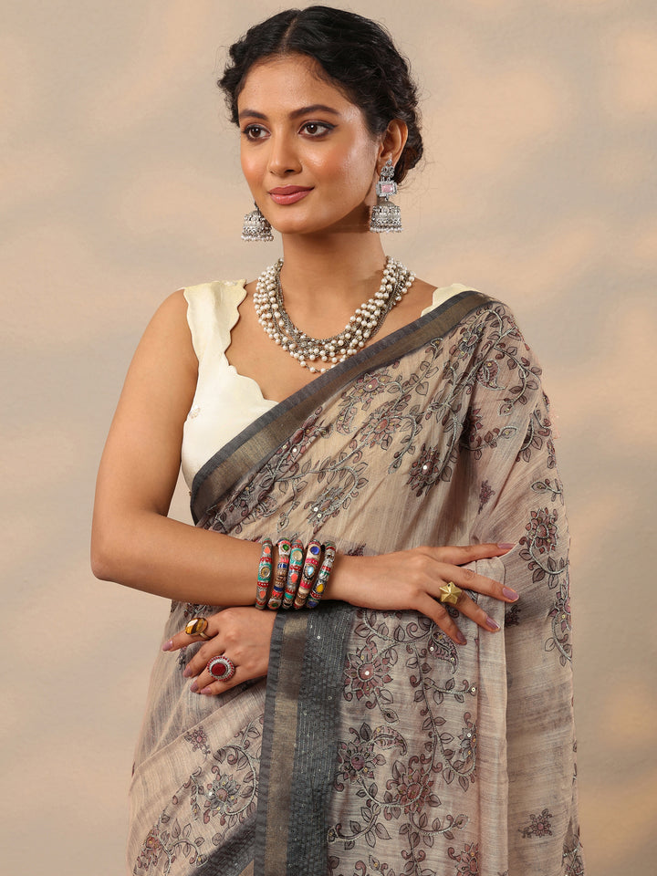 Beige Printed Cotton Blend Saree With Unstitched Blouse Piece