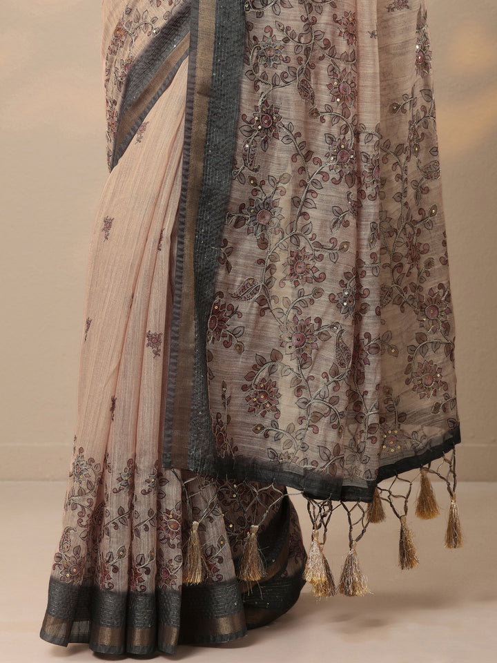 Beige Printed Cotton Blend Saree With Unstitched Blouse Piece