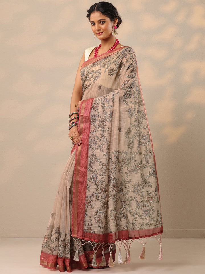 Beige Printed cotton blend Saree With Unstitched Blouse Piece
