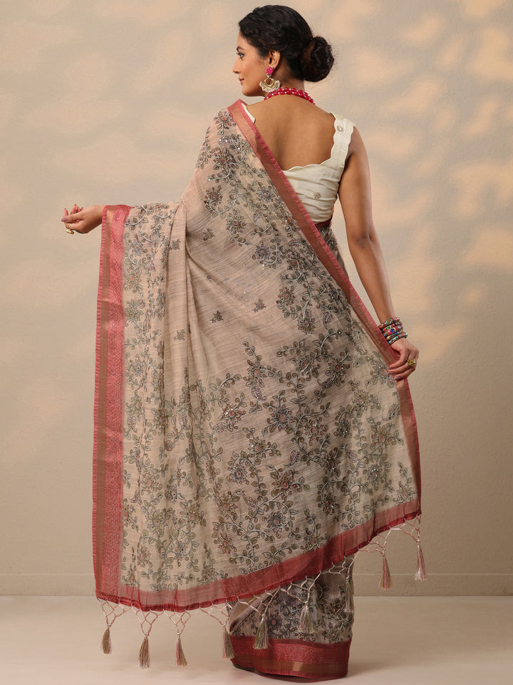 Beige Printed cotton blend Saree With Unstitched Blouse Piece