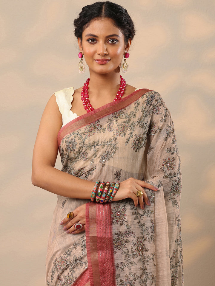 Beige Printed cotton blend Saree With Unstitched Blouse Piece