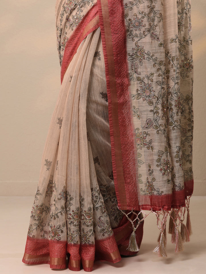 Beige Printed cotton blend Saree With Unstitched Blouse Piece