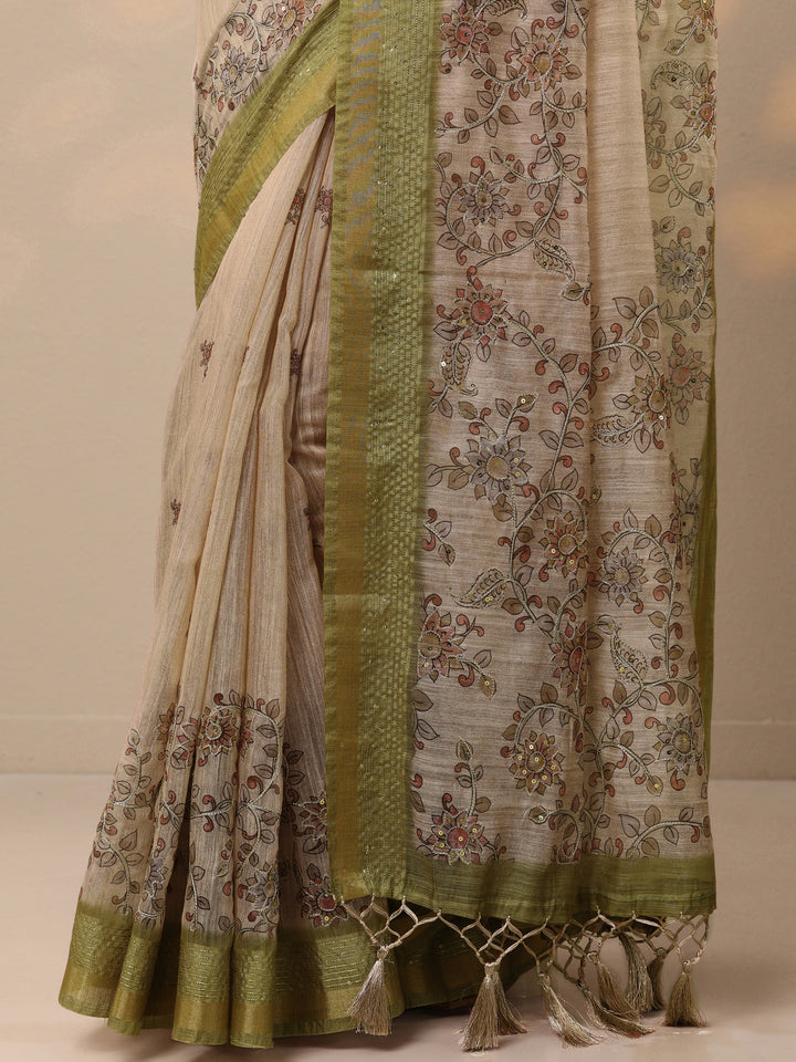 Beige Printed Cotton Blend Saree With Unstitched Blouse Piece