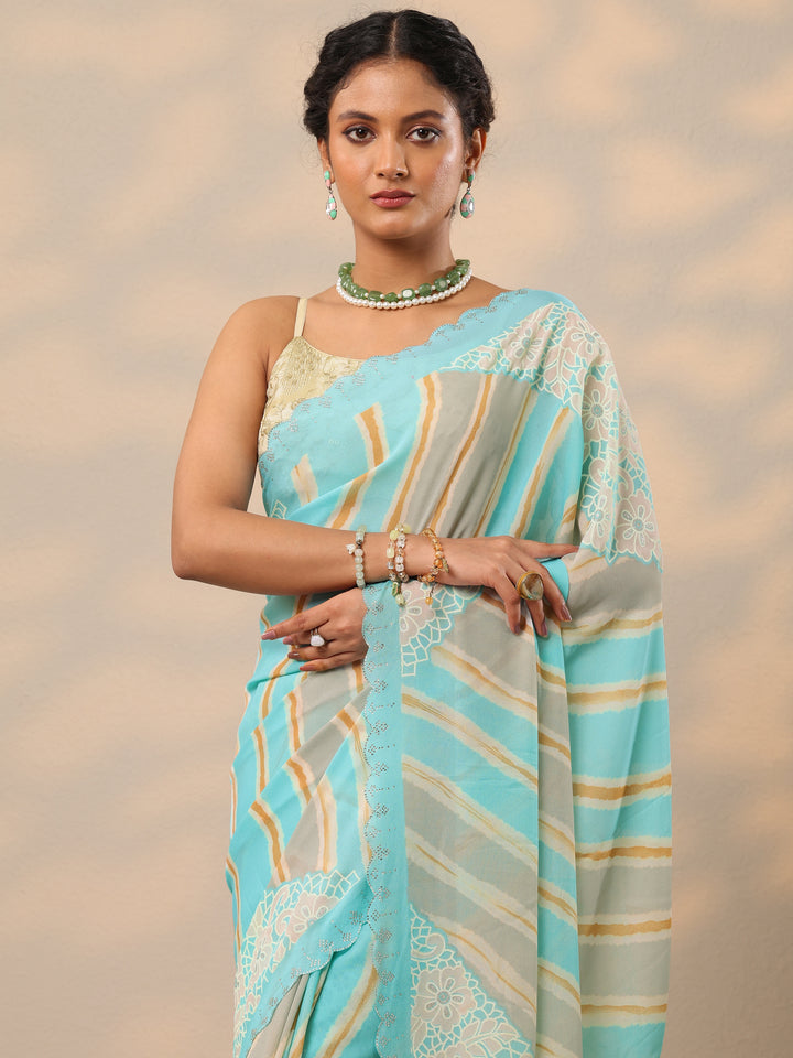 Blue Leheriya Printed Georgette Saree With Unstitched Blouse Piece