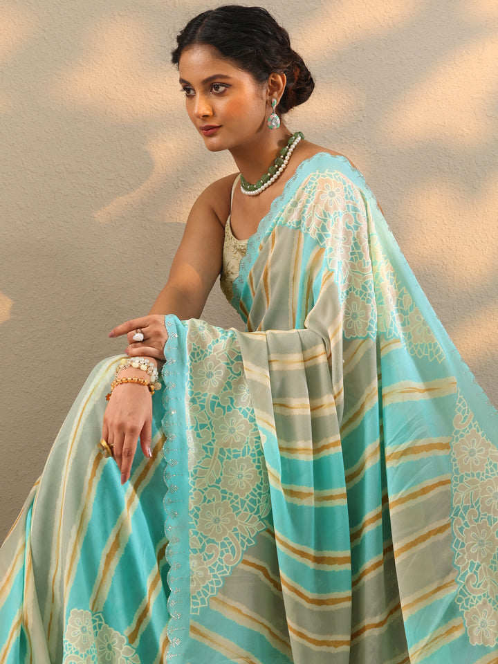 Blue Leheriya Printed Georgette Saree With Unstitched Blouse Piece
