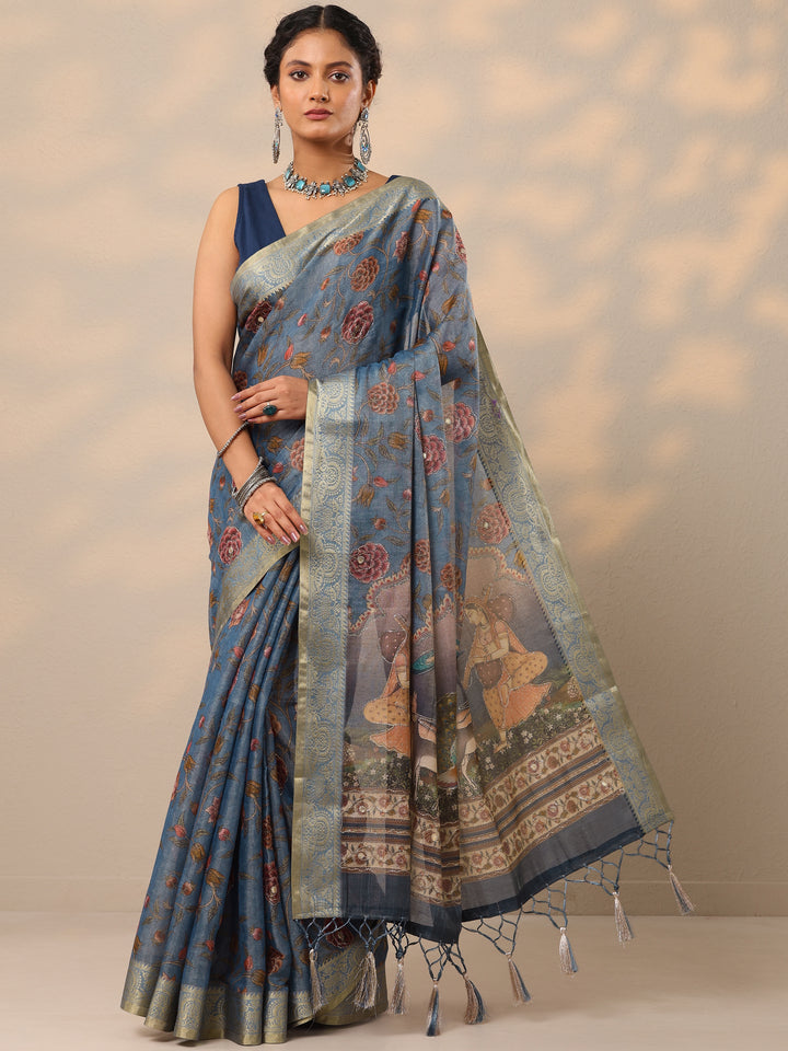 Blue Printed Jamdani Cotton Blend Saree With Unstitched Blouse Piece