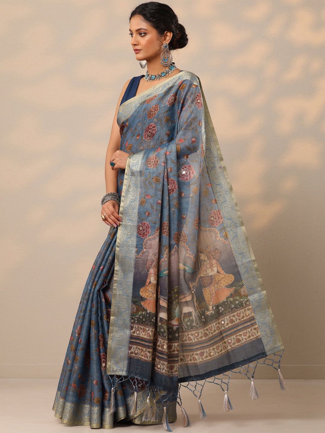 Blue Printed Jamdani Cotton Blend Saree With Unstitched Blouse Piece