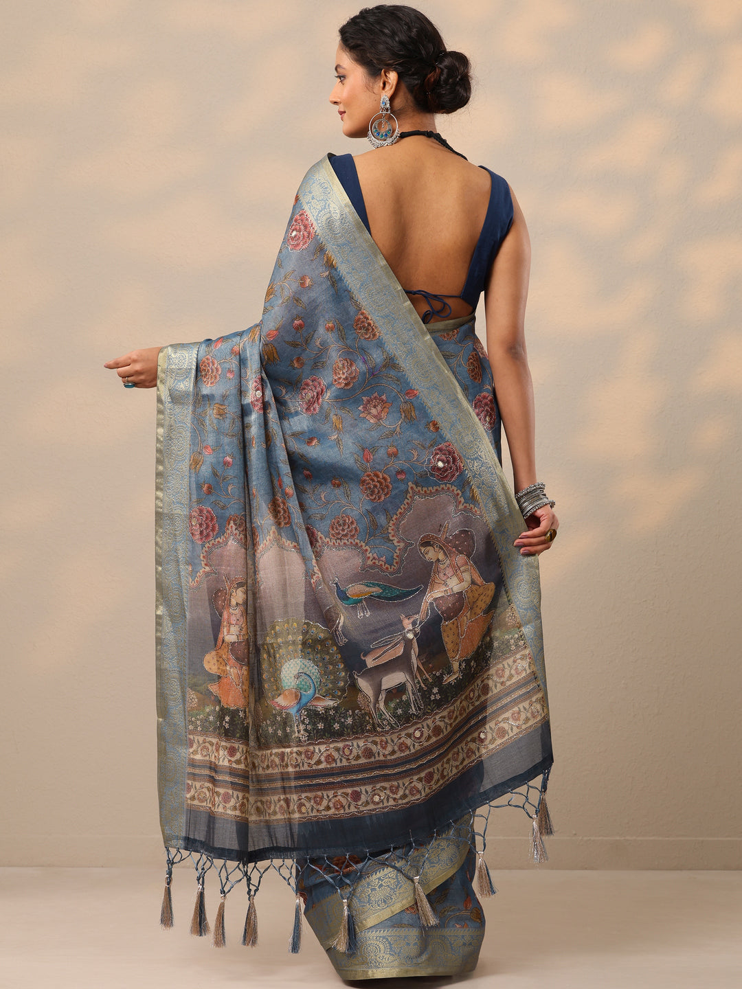 Blue Printed Jamdani Cotton Blend Saree With Unstitched Blouse Piece