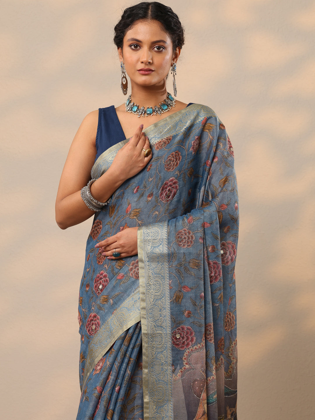 Blue Printed Jamdani Cotton Blend Saree With Unstitched Blouse Piece