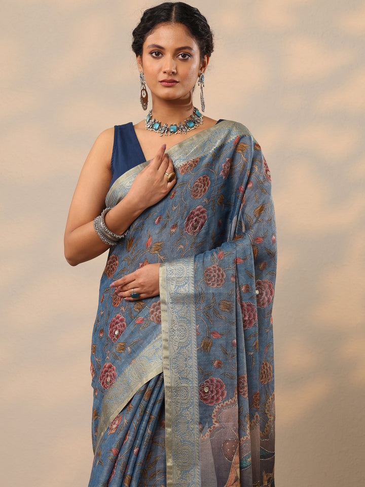 Blue Printed Jamdani Cotton Blend Saree With Unstitched Blouse Piece