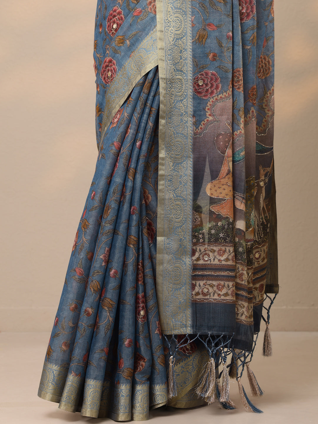 Blue Printed Jamdani Cotton Blend Saree With Unstitched Blouse Piece