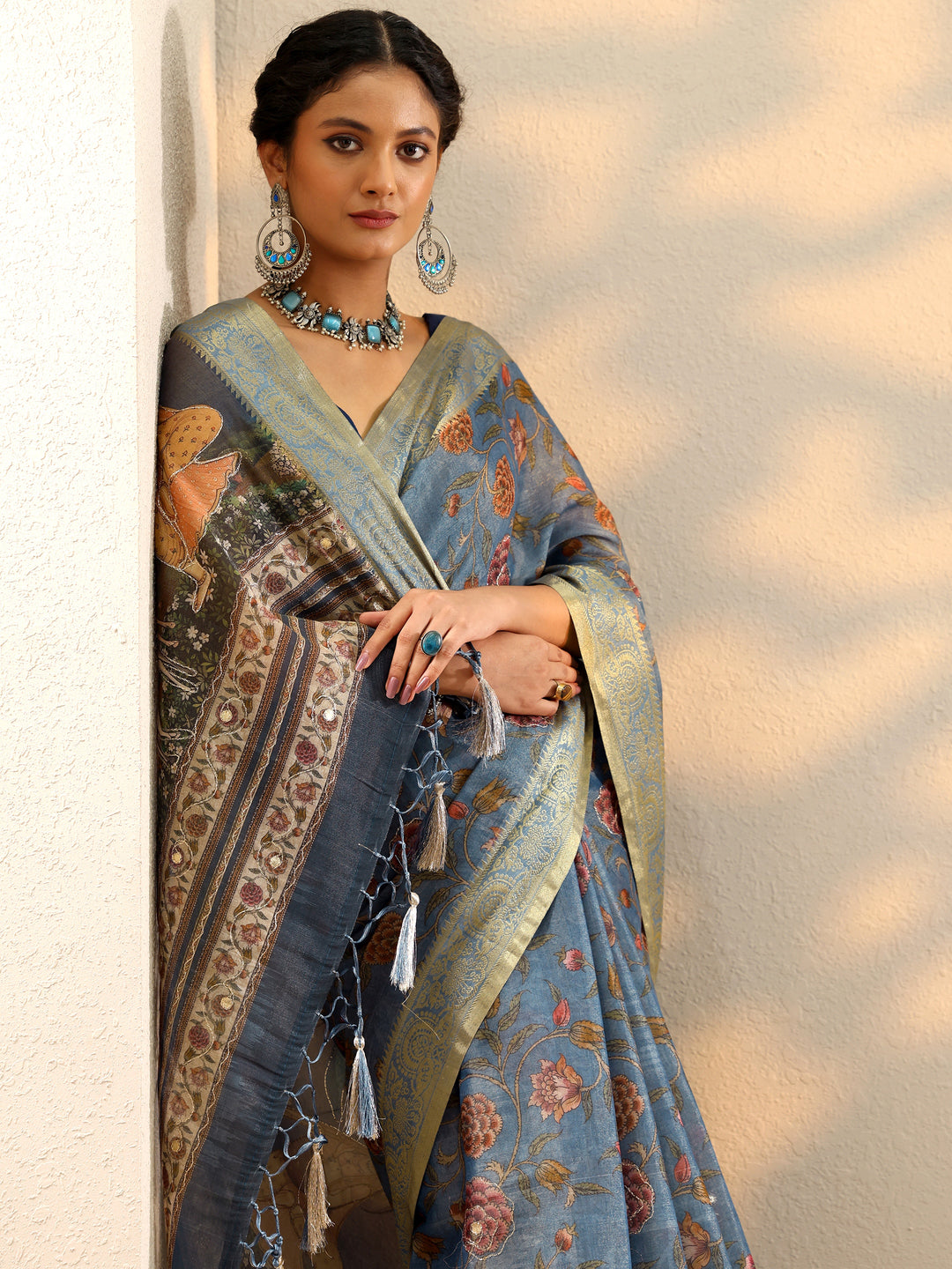 Blue Printed Jamdani Cotton Blend Saree With Unstitched Blouse Piece