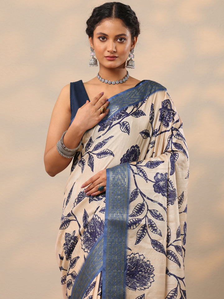 Blue Printed Silk Blend Saree With Unstitched Blouse Piece