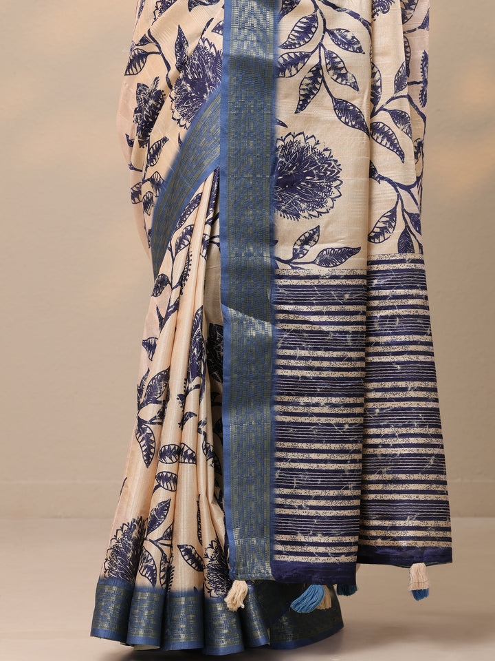 Blue Printed Silk Blend Saree With Unstitched Blouse Piece