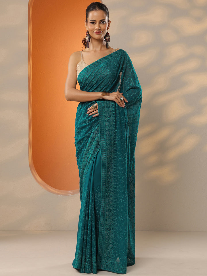 Blue Embroidered Georgette Saree With Unstitched Blouse Piece