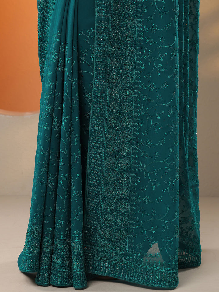 Blue Embroidered Georgette Saree With Unstitched Blouse Piece
