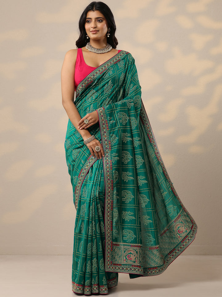 Green Bandhani Printed Silk Blend Sarees With Unstitched Blouse Piece
