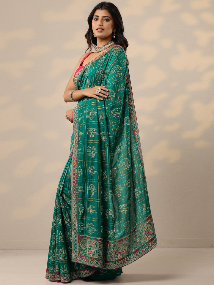 Green Bandhani Printed Silk Blend Sarees With Unstitched Blouse Piece