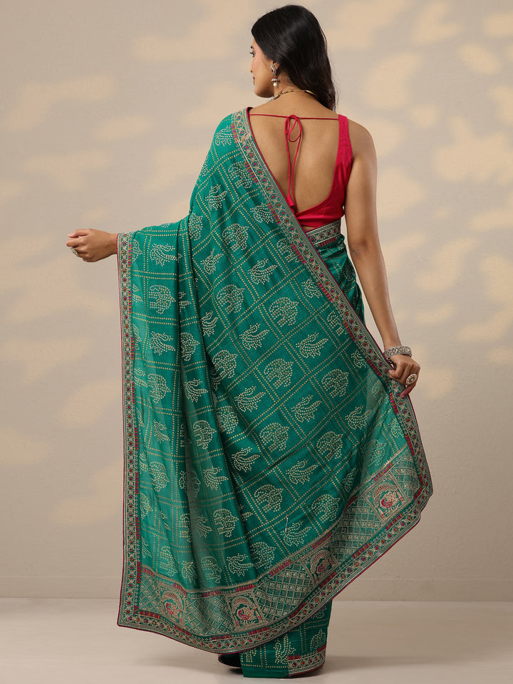 Green Bandhani Printed Silk Blend Sarees With Unstitched Blouse Piece