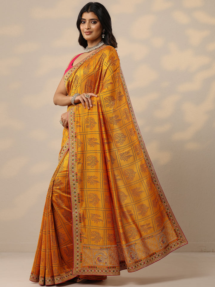Mustard Bandhani Printed Silk Blend Sarees With Unstitched Blouse Piece