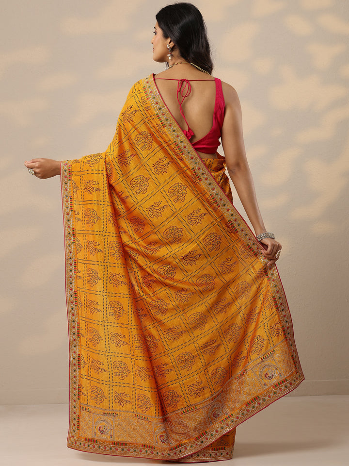 Mustard Bandhani Printed Silk Blend Sarees With Unstitched Blouse Piece