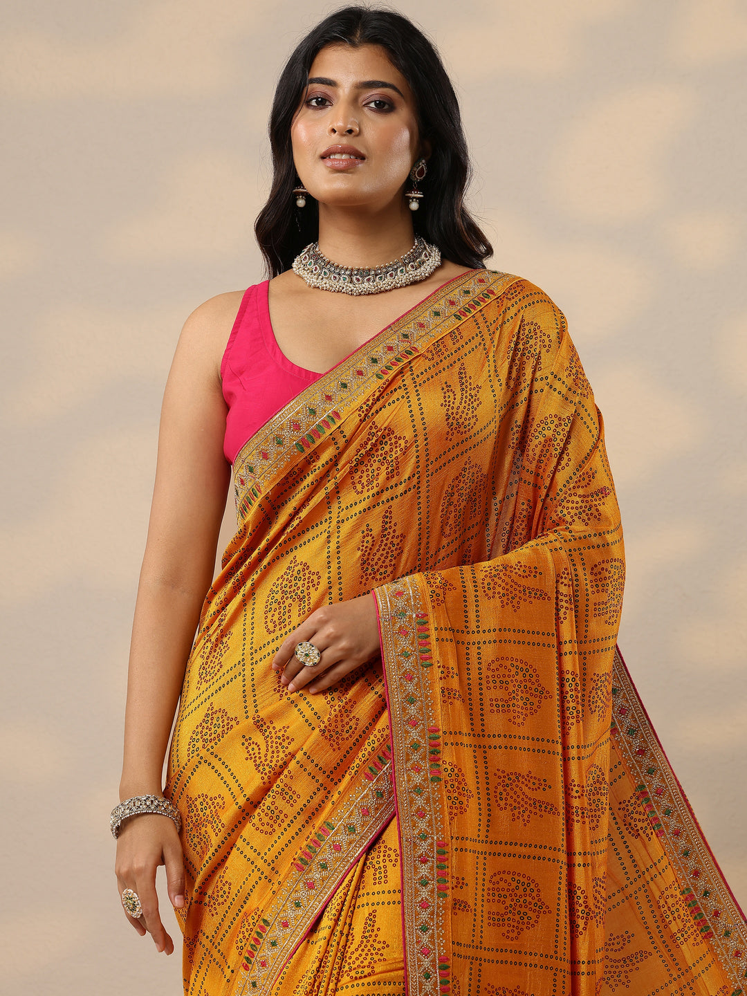 Mustard Bandhani Printed Silk Blend Sarees With Unstitched Blouse Piece