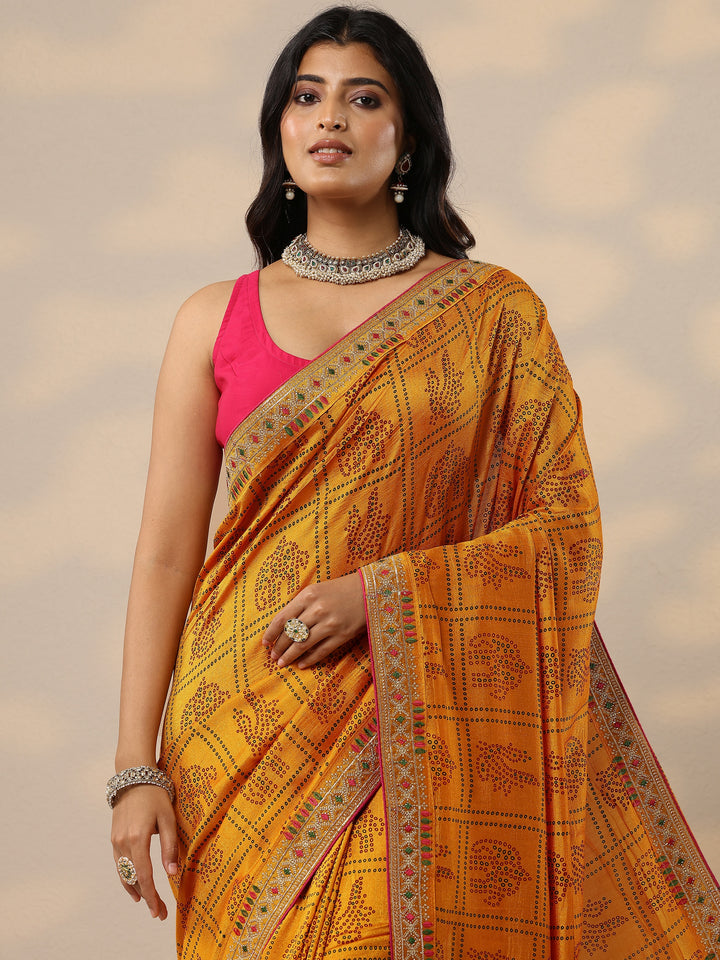 Mustard Bandhani Printed Silk Blend Sarees With Unstitched Blouse Piece
