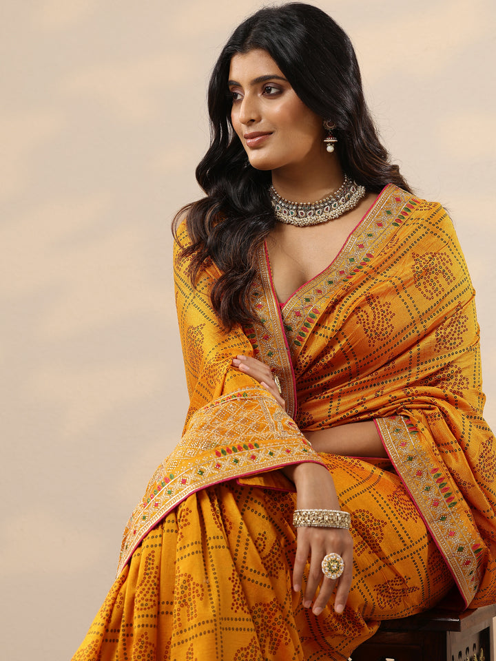 Mustard Bandhani Printed Silk Blend Sarees With Unstitched Blouse Piece