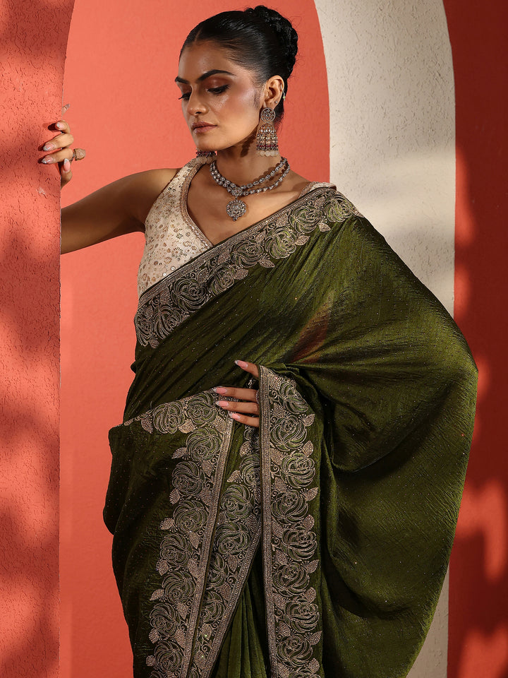 Green Embellished Silk Blend Sarees With Unstitched Blouse Piece