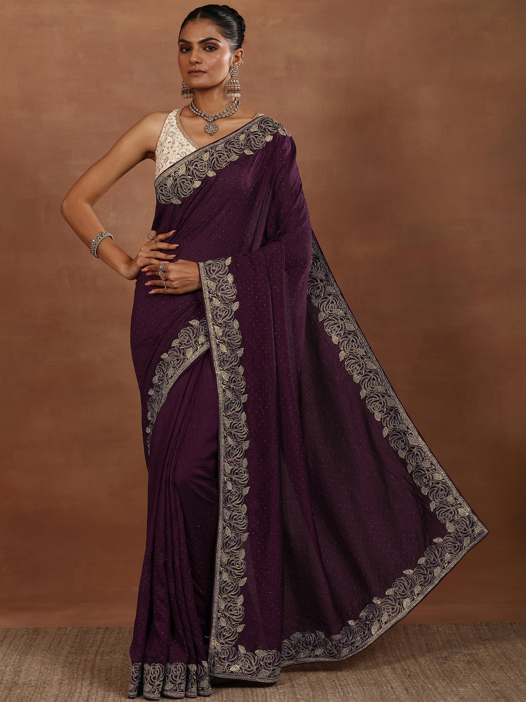 Burgundy Embellished Silk Blend Sarees With Unstitched Blouse Piece