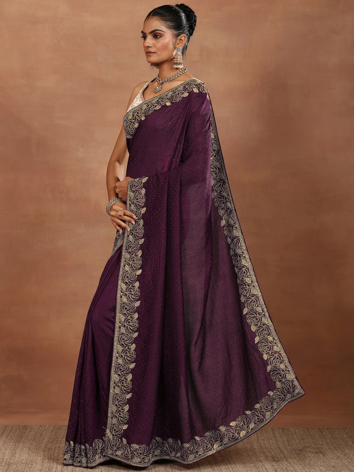 Burgundy Embellished Silk Blend Sarees With Unstitched Blouse Piece