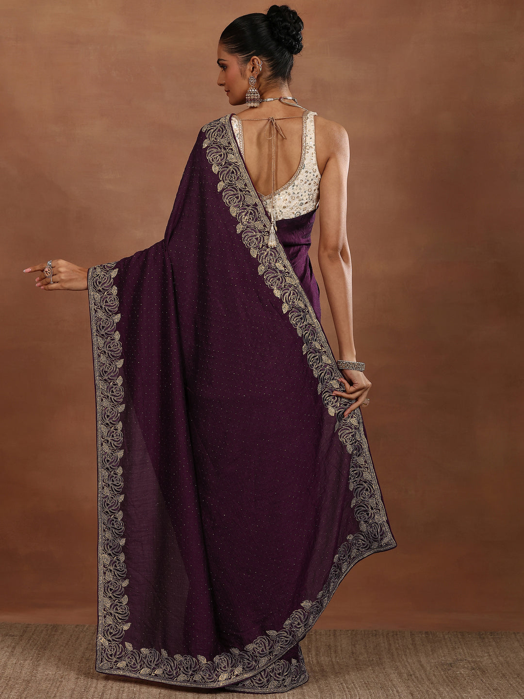 Burgundy Embellished Silk Blend Sarees With Unstitched Blouse Piece