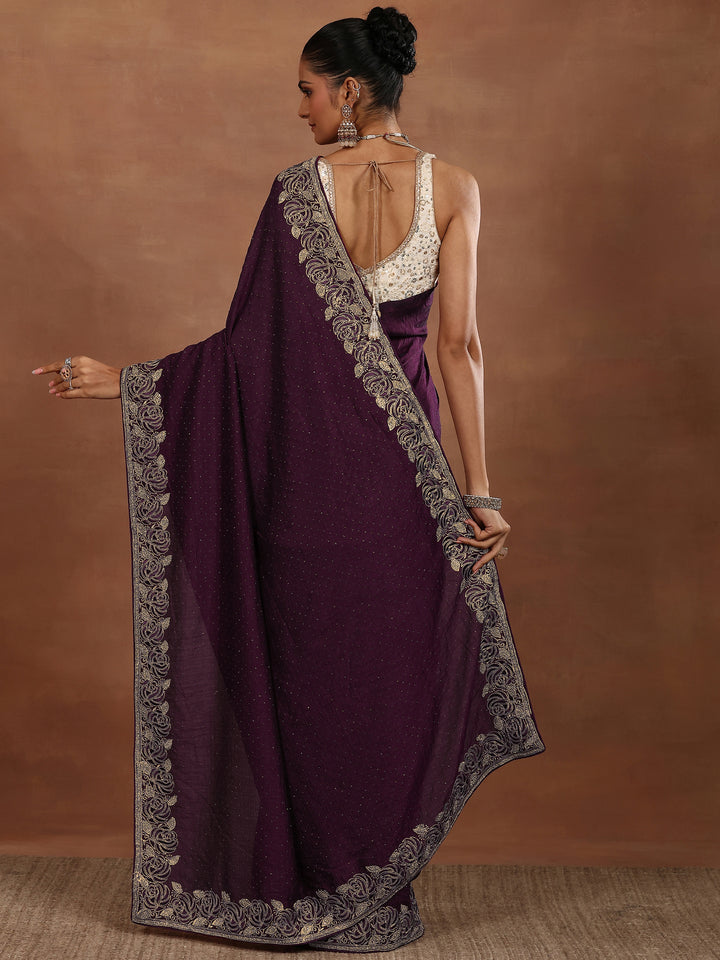 Burgundy Embellished Silk Blend Sarees With Unstitched Blouse Piece
