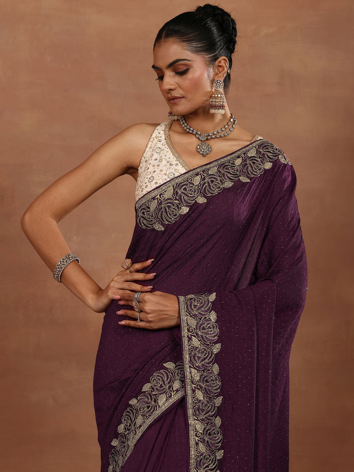 Burgundy Embellished Silk Blend Sarees With Unstitched Blouse Piece