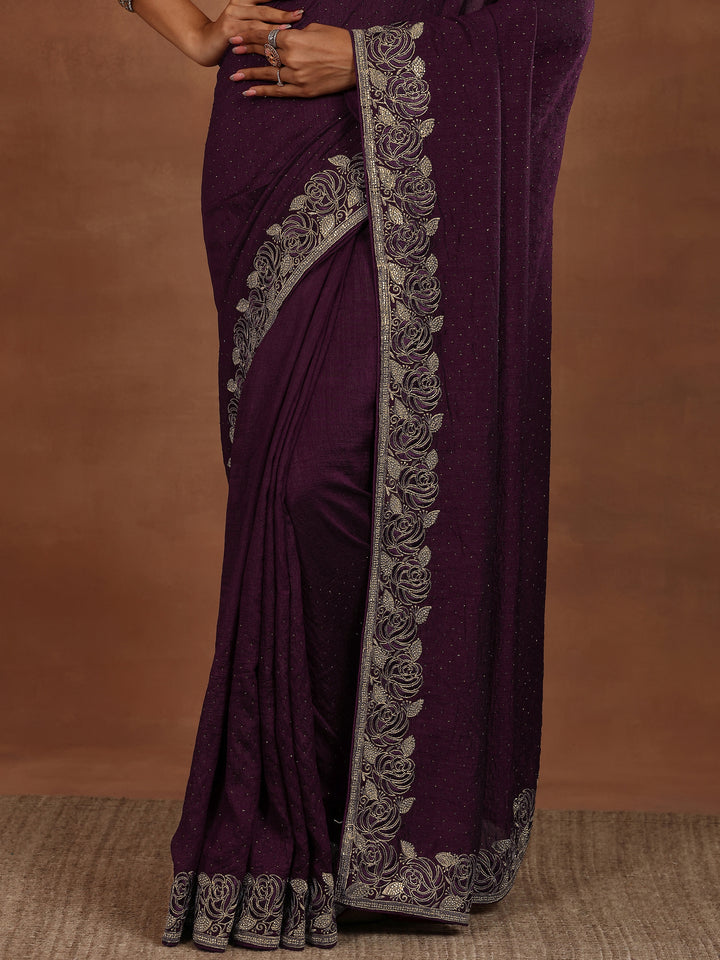 Burgundy Embellished Silk Blend Sarees With Unstitched Blouse Piece