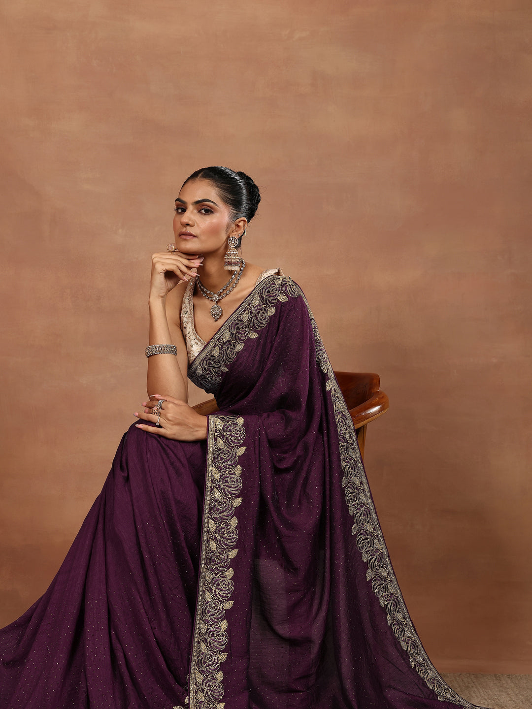 Burgundy Embellished Silk Blend Sarees With Unstitched Blouse Piece