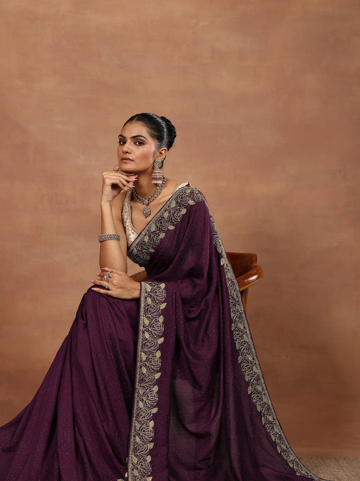 Burgundy Embellished Silk Blend Sarees With Unstitched Blouse Piece