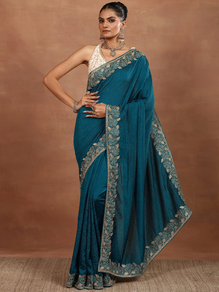 Blue Embellished Silk Blend Sarees With Unstitched Blouse Piece
