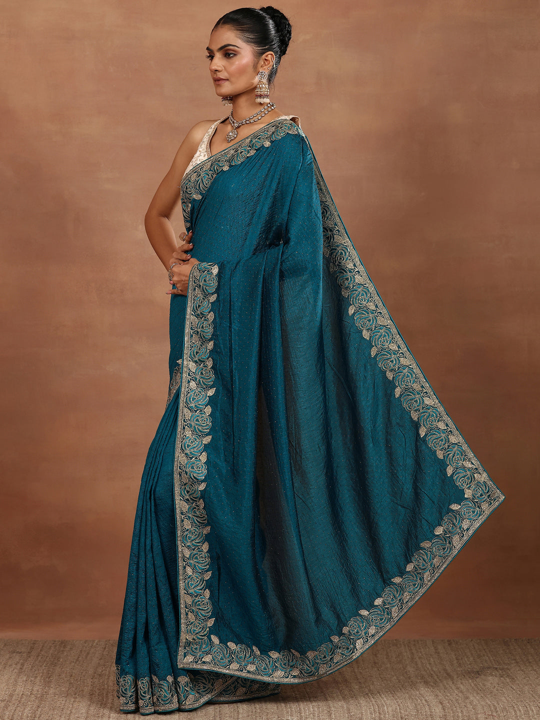 Blue Embellished Silk Blend Sarees With Unstitched Blouse Piece