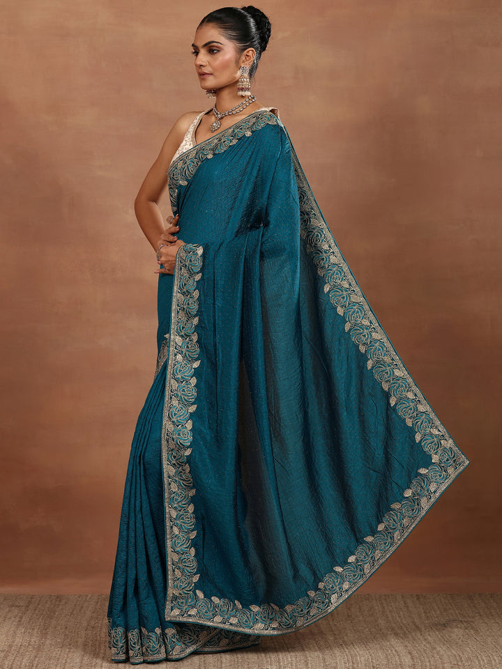 Blue Embellished Silk Blend Sarees With Unstitched Blouse Piece