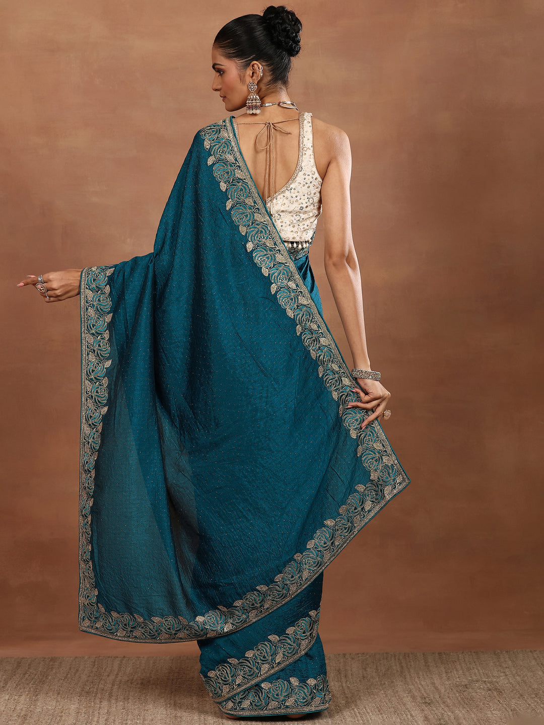 Blue Embellished Silk Blend Sarees With Unstitched Blouse Piece