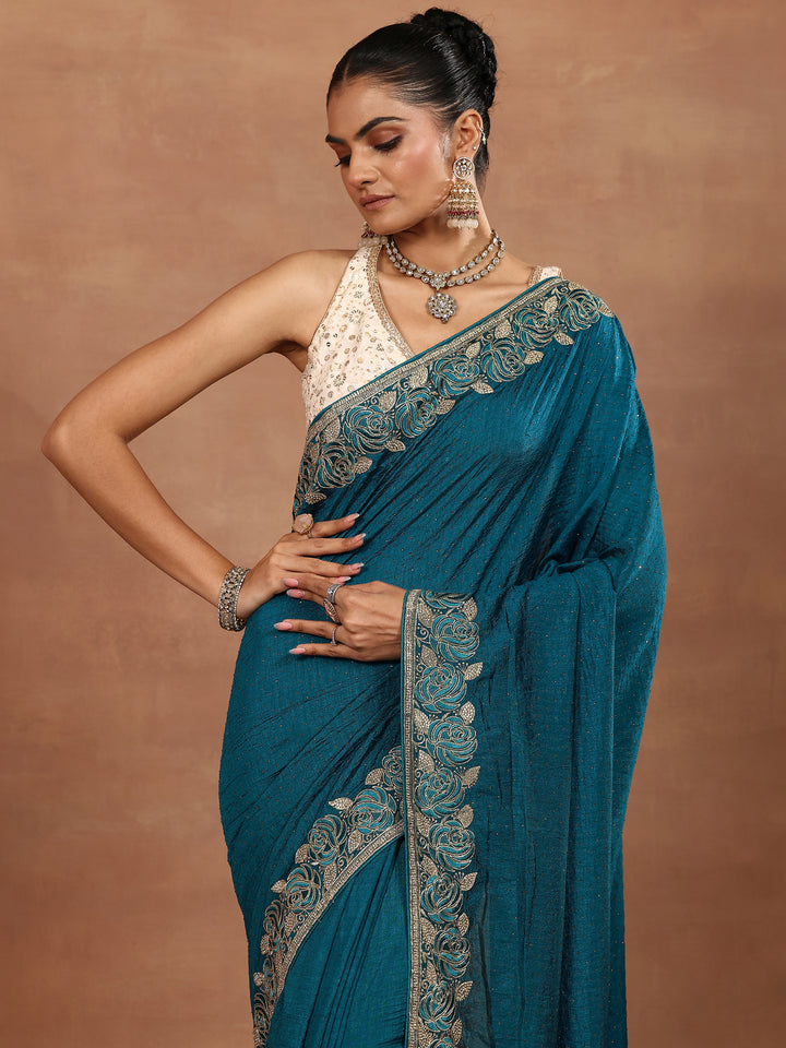 Blue Embellished Silk Blend Sarees With Unstitched Blouse Piece